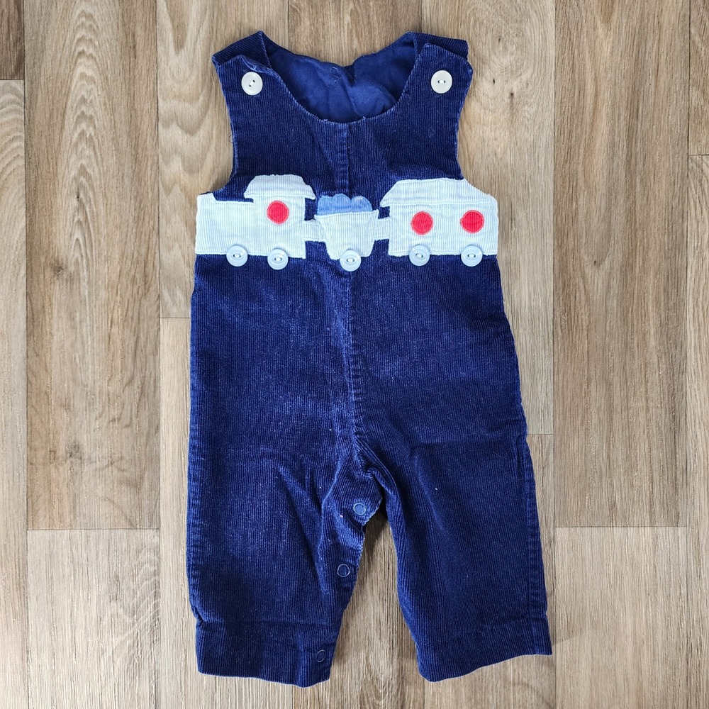 Vintage Baby Boys Navy Blue Corduroy Train Applique Longall Overalls Romper